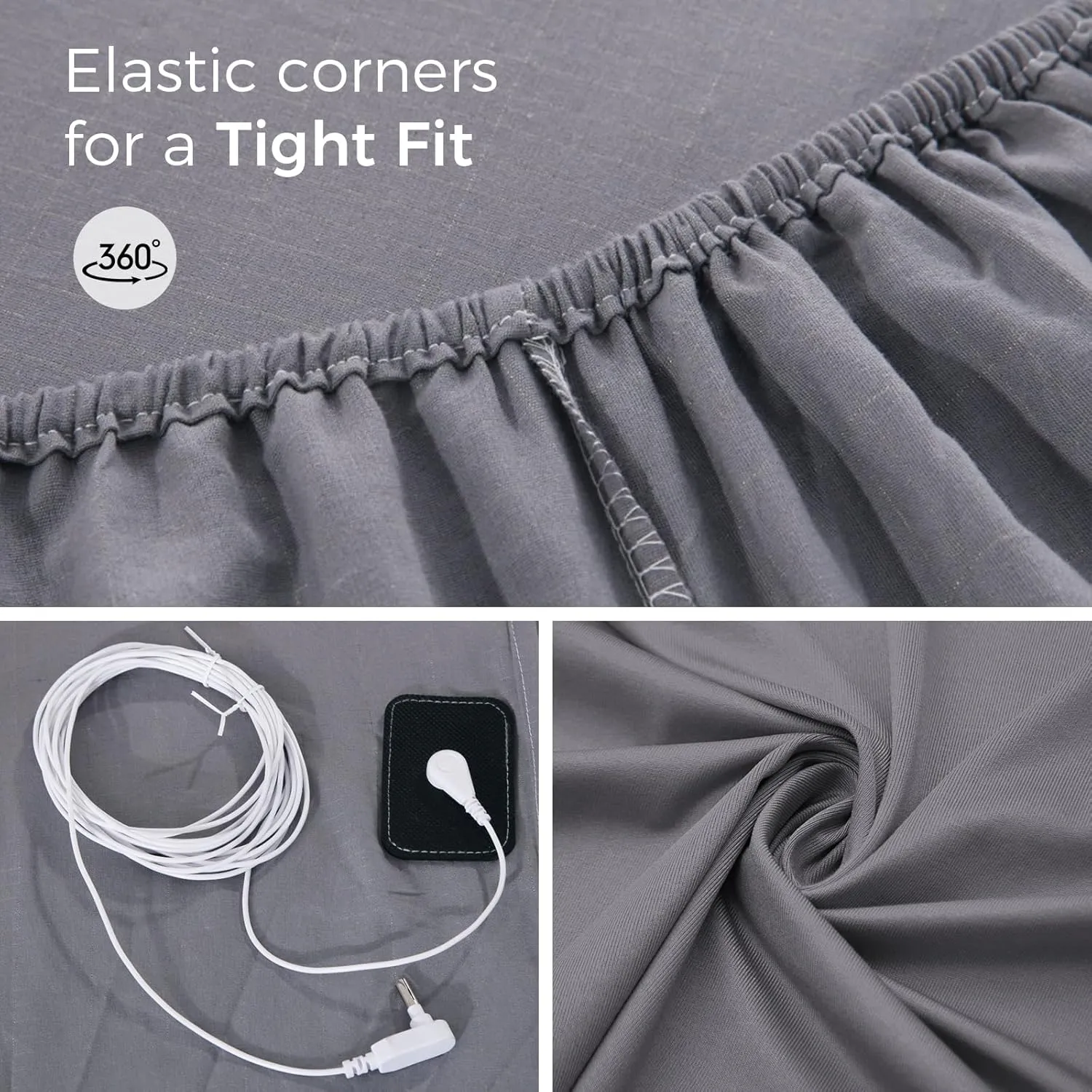 Grounding Fitted Sheets, Earthing Bed Sheets, 95% Organic Cotton   5% Pure Silver Fiber, Grounded Sheets with Grounding Cord, Conductive Grounding Cover for Better Sleep (Gray, California King)