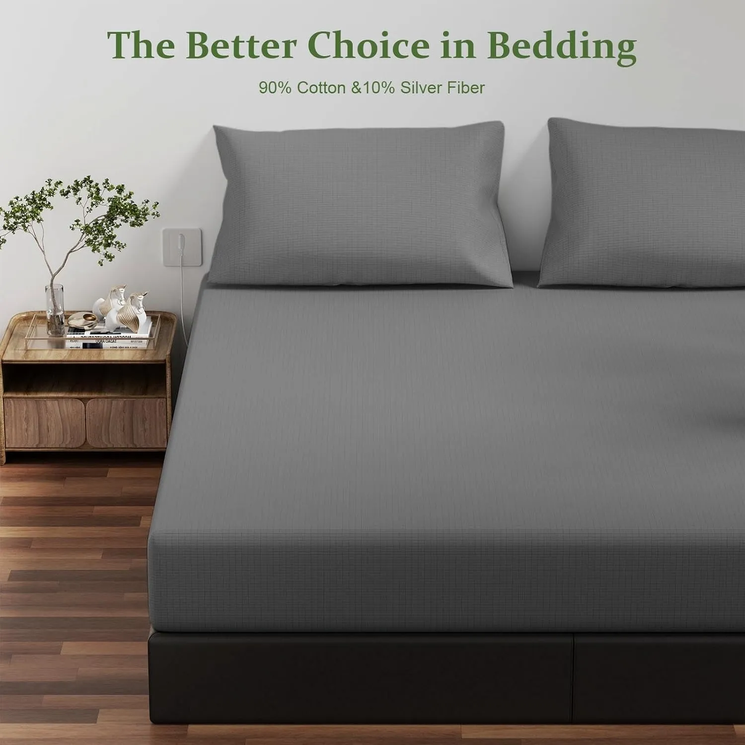 Grounding Sheets Queen Size, 10% Pure Silver Fiber   90% Organic Cotton, Grounded Sheet Earth Connected Bedding Fitted Earth Sheets with Grounding Cord (Deep Gray, Queen)