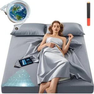 Grounding Sheets Queen Size, 10% Pure Silver Fiber   90% Organic Cotton, Grounded Sheet Earth Connected Bedding Fitted Earth Sheets with Grounding Cord