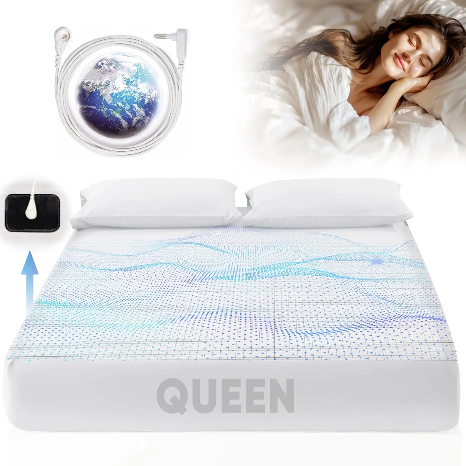 Grounding Sheets Queen Size, 95% Organic Cotton   5% Pure Silver Fiber, Grounding Sheet Earth Connected Bedding (Queen - 60"x 80"x 13" White) Fitted Earth Sheets with Grounding Cord