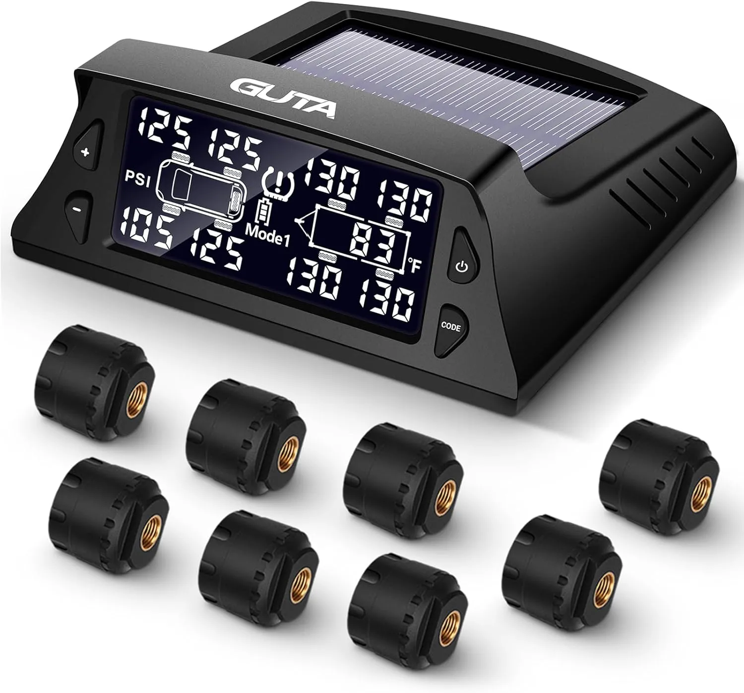 GUTA Tire Pressure Monitoring System for RV - 8 Sensor TPMS for Trailer, 7 Alarm Modes, Large Screen, Endurance Battery Life, Long Sensing Distance, Wireless Sensor Pairing, 2023 Update Version