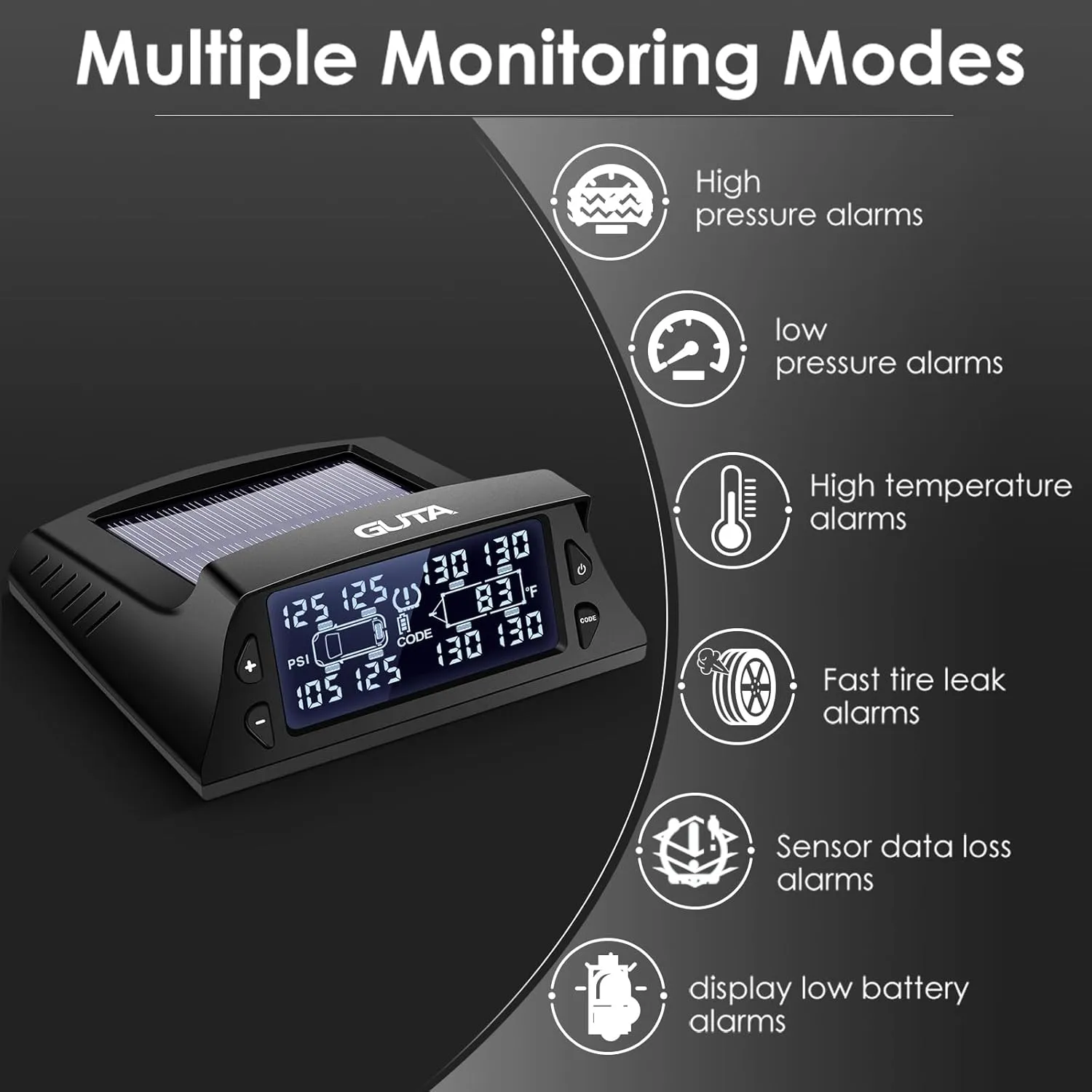 GUTA Tire Pressure Monitoring System for RV - 8 Sensor TPMS for Trailer, 7 Alarm Modes, Large Screen, Endurance Battery Life, Long Sensing Distance, Wireless Sensor Pairing, 2023 Update Version