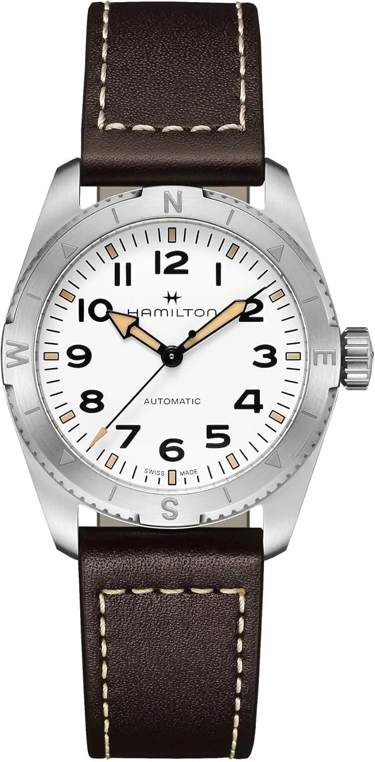 Hamilton Watch Khaki Field Expedition Auto | Swiss Made | 37mm Stainless Steel Case | White Dial Analog Watch | Brown Leather Strap (Model: H70225510)