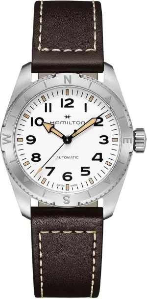Hamilton Watch Khaki Field Expedition Auto | Swiss Made | 37mm Stainless Steel Case | White Dial Analog Watch | Brown Leather Strap (Model: H70225510)