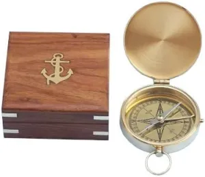 Hampton Nautical Solid Brass Gentlemen's Compass with Rosewood Box, 4", Brass