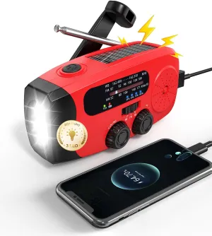 Hand Crank Emergency Radio - 2000mAh/7400mWh AM/FM/NOAA Solar Hand Crank Emergency Radio with 3 LED Flashlights, SOS Function for Emergencies, Camping - Red