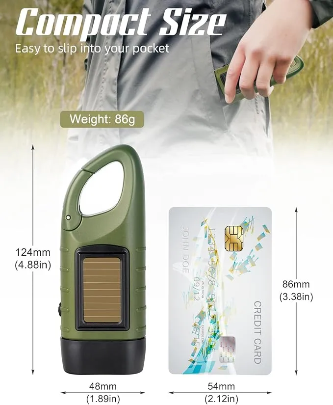 Hand Crank Solar Powered Flashlights,Compact Emergency Rechargeable LED Flashlight Handheld Survival Flashlight,Quick Snap Carbiner Dynamo Flashlight for Outdoor,Sports,Hiking-Army Green