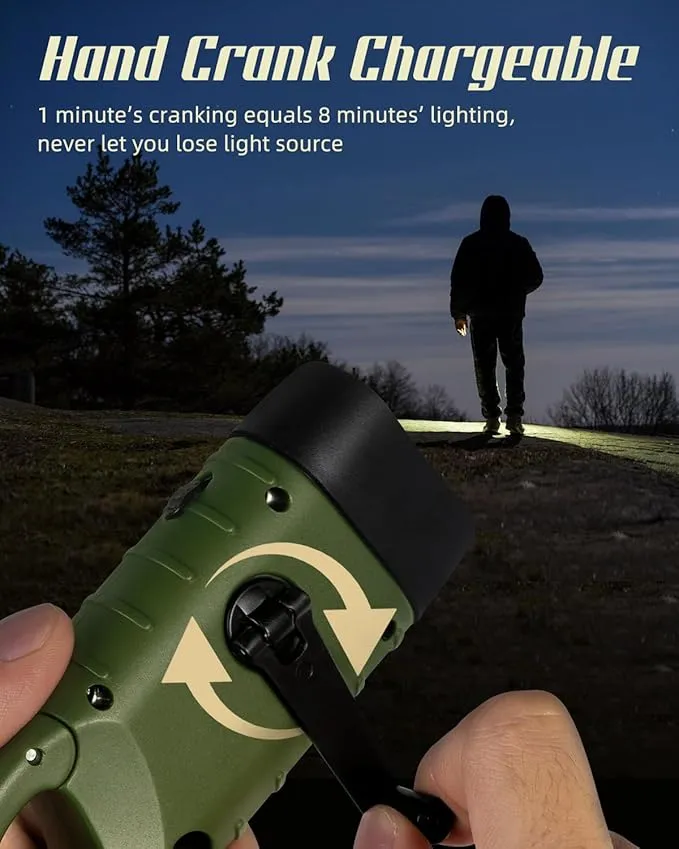 Hand Crank Solar Powered Flashlights,Compact Emergency Rechargeable LED Flashlight Handheld Survival Flashlight,Quick Snap Carbiner Dynamo Flashlight for Outdoor,Sports,Hiking-Army Green
