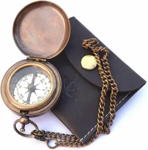 Handmade Brass Push Open Compass On Chain with Leather Case Pocket Compass or Camping & Hiking