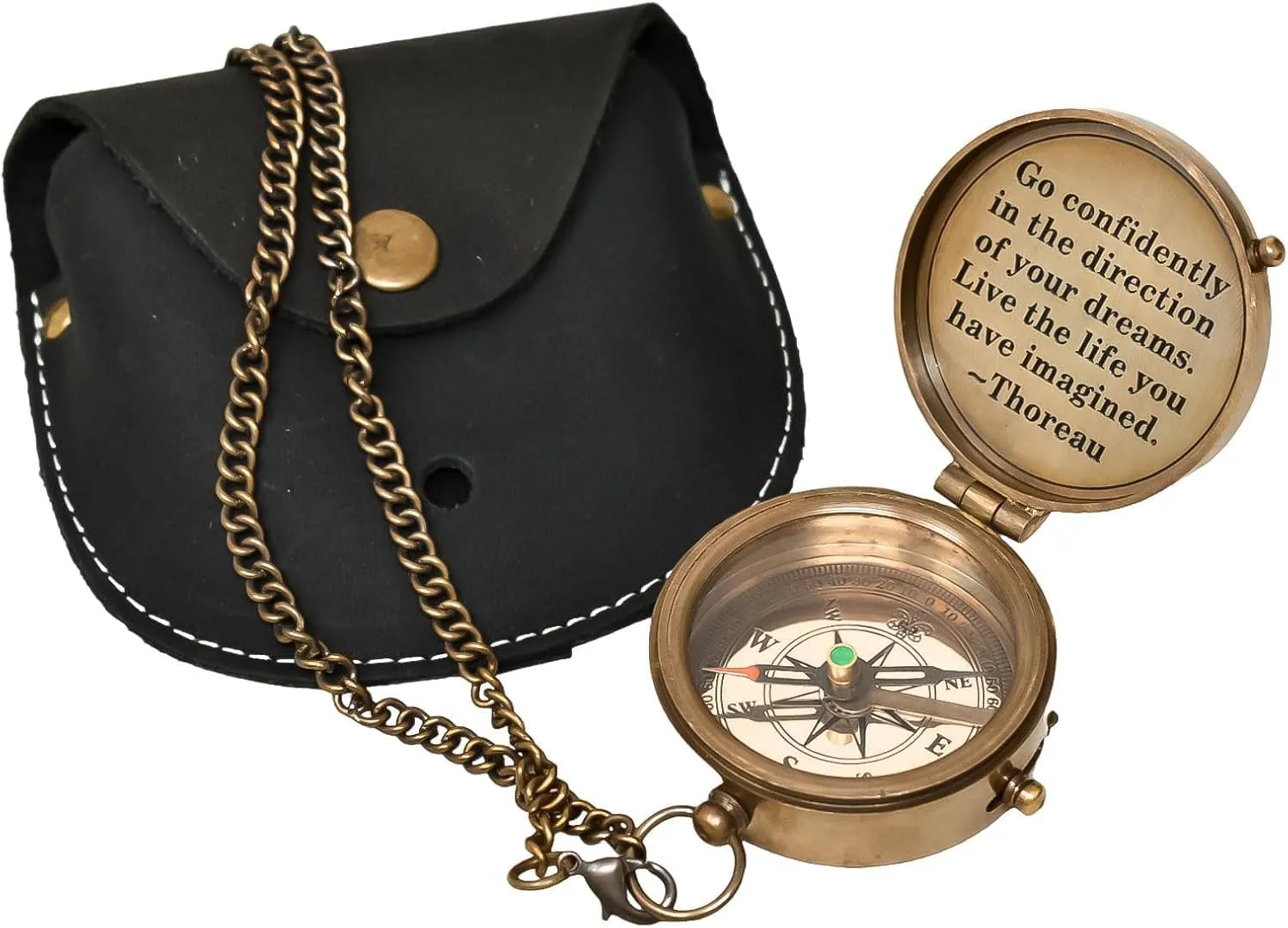 Handmade Studio Thoreau's Go Confidently Embossed Solid Brass Compass with Leather Case – Magnetic Navigation Compass with Scout Oath Inscribed, Timeless Travel Essential