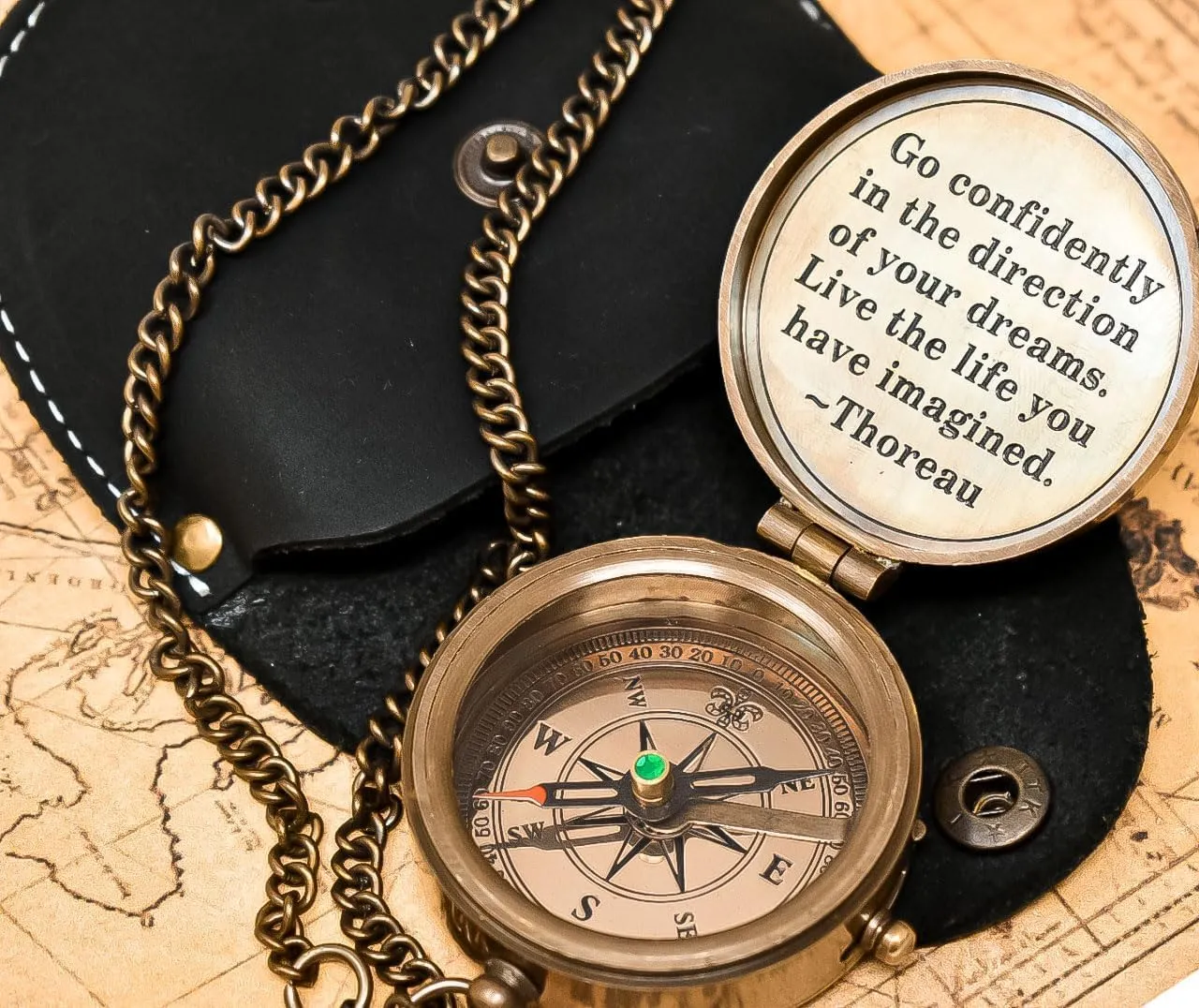 Handmade Studio Thoreau's Go Confidently Embossed Solid Brass Compass with Leather Case – Magnetic Navigation Compass with Scout Oath Inscribed, Timeless Travel Essential
