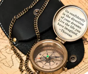 Handmade Studio Thoreau's Go Confidently Embossed Solid Brass Compass with Leather Case – Magnetic Navigation Compass with Scout Oath Inscribed, Timeless Travel Essential