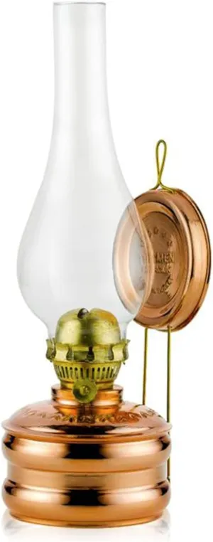 Handmade Traditional Copper Oil Lamp with Glass Chimney, Vintage Kerosene Lantern, Antique Oriental Wick Lamp for Lighting and Décor, Rustic Glowing Fire Design, Decorative Gift, Wall Mount (Large)