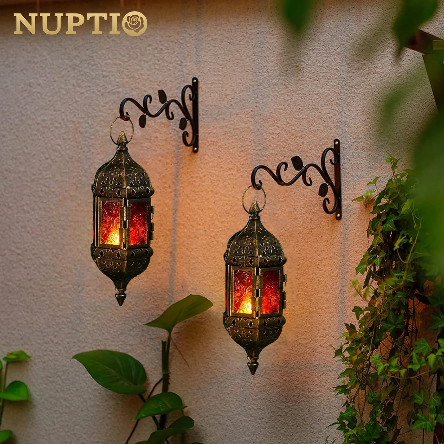 Hanging Hexagon Decorative Moroccan Candle Lantern Holders, Handmade Hanging Tea Light Holder in Brown Metal & Red & Purple Glass Gift & Decor Items