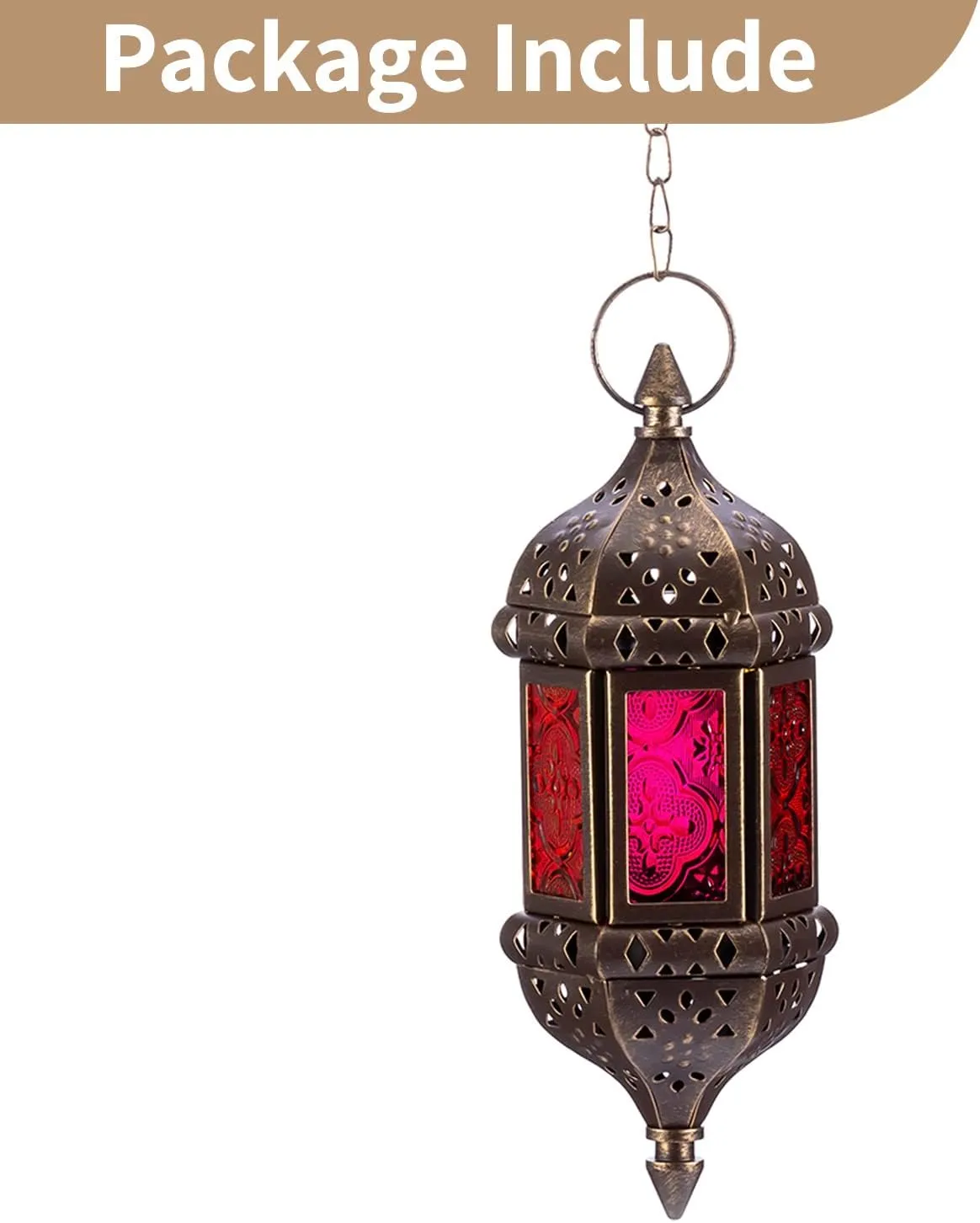 Hanging Hexagon Decorative Moroccan Candle Lantern Holders, Handmade Hanging Tea Light Holder in Brown Metal & Red & Purple Glass Gift & Decor Items