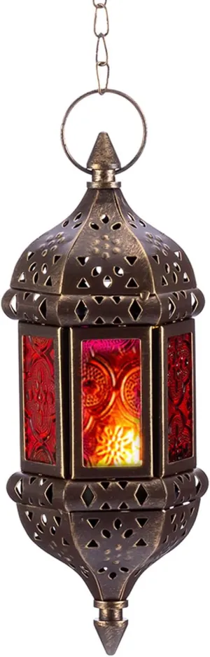 Hanging Hexagon Decorative Moroccan Candle Lantern Holders, Handmade Hanging Tea Light Holder in Brown Metal & Red & Purple Glass Gift & Decor Items