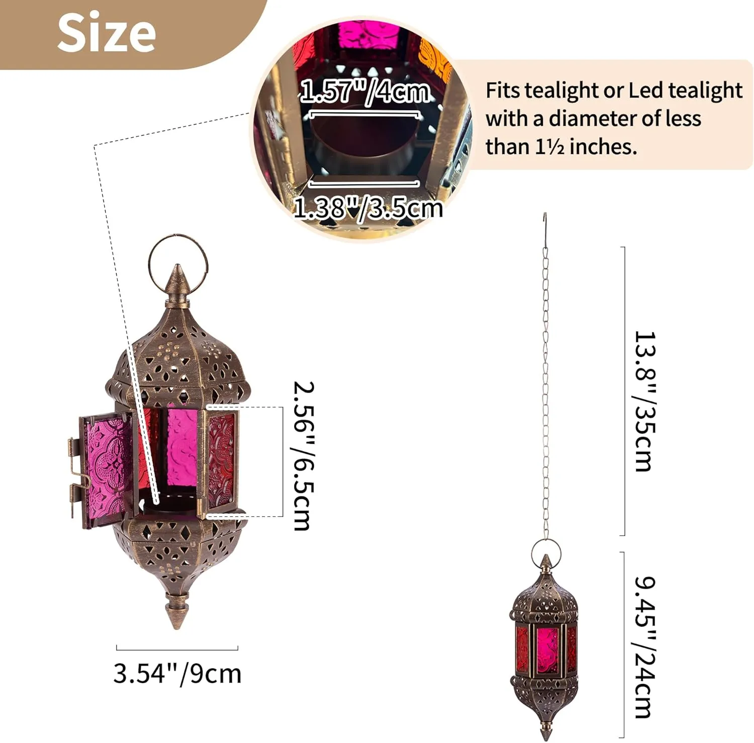 Hanging Hexagon Decorative Moroccan Candle Lantern Holders, Handmade Hanging Tea Light Holder in Brown Metal & Red & Purple Glass Gift & Decor Items