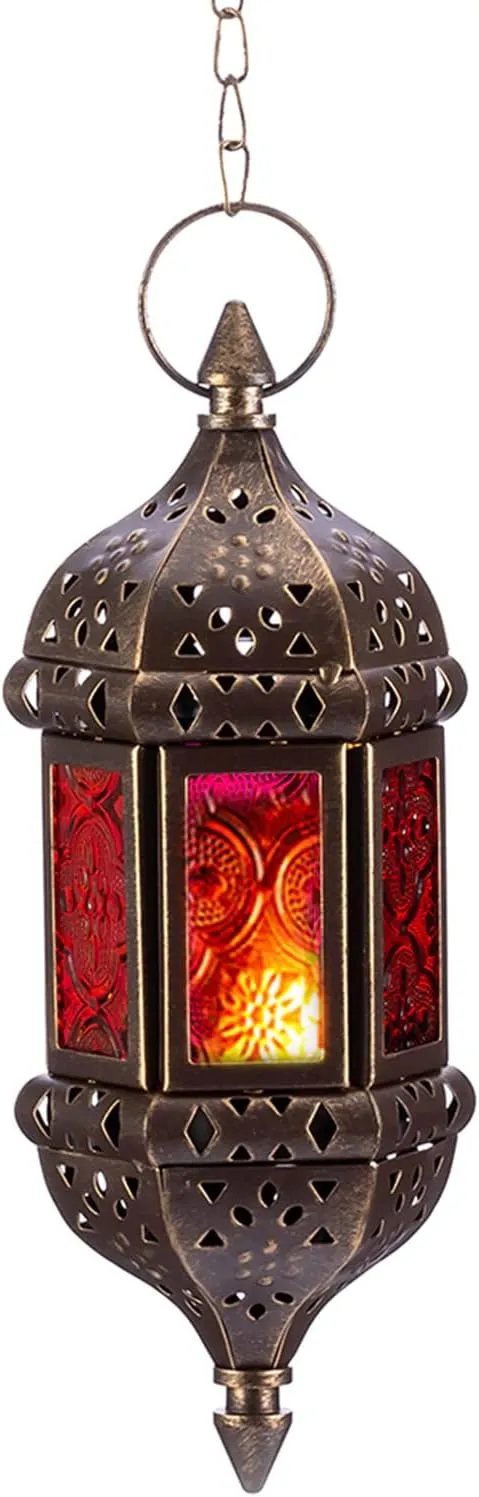 Hanging Hexagon Decorative Moroccan Candle Lantern Holders, Handmade Hanging Tea Light Holder in Brown Metal & Red & Purple Glass Gift & Decor Items