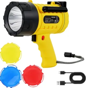 Happybuy Rechargeable Spotlight Flashlight, 1,000,000 Lumens, IP67 Waterproof LED Handheld Searchlight, Super Bright Portable Light with 4 Modes, Detachable Lens & USB Charging Port for Hunting