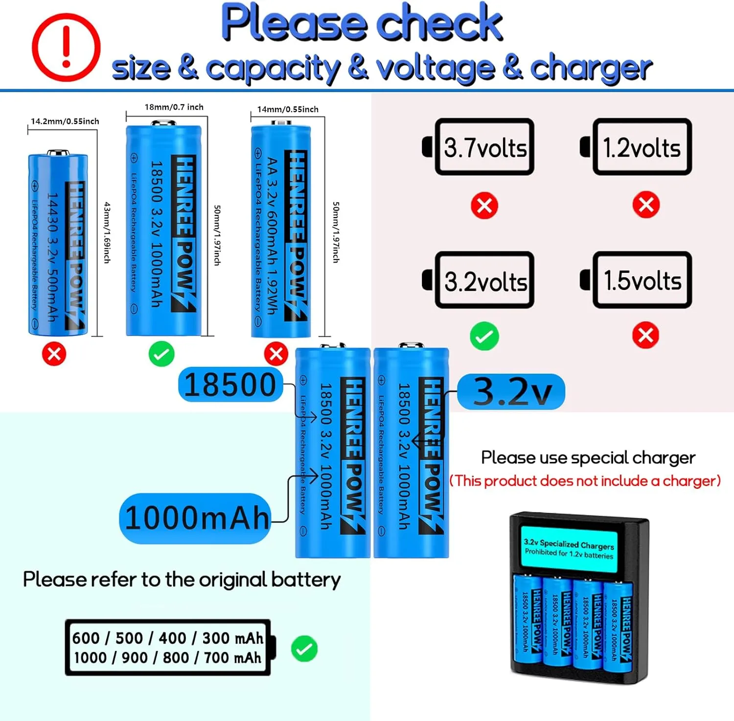 Henreepow 18500 Rechargeable Battery, 3.2v LiFePO4 Lithium Phosphate Battery 1000mAh for Outdoor Garden Solar Lights, Flashlight (4 Pack)