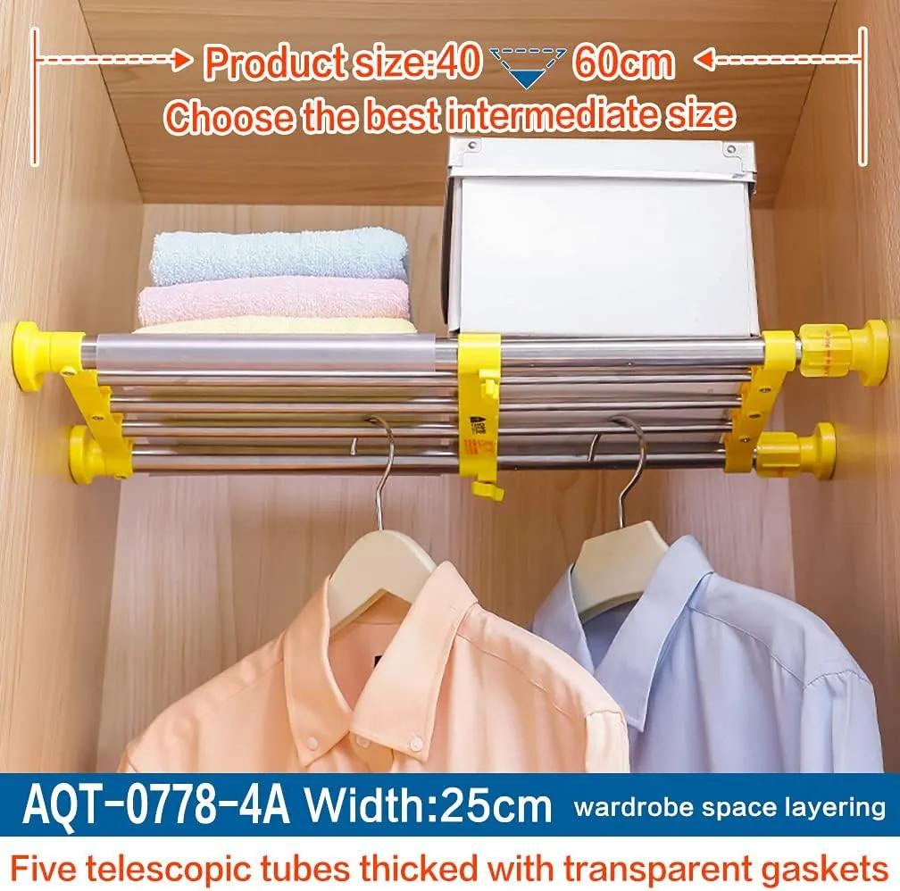 Hershii Closet Tension Shelf & Rod Expandable Metal Storage Rack Adjustable Organizer DIY Divider Separator for Cabinet Wardrobe Cupboard Kitchen Bathroom - Yellow