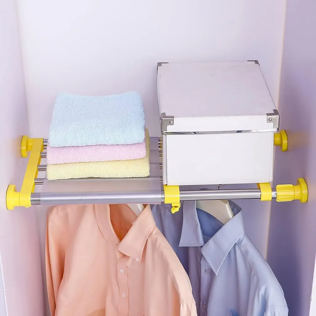 Hershii Closet Tension Shelf & Rod Expandable Metal Storage Rack Adjustable Organizer DIY Divider Separator for Cabinet Wardrobe Cupboard Kitchen Bathroom - Yellow