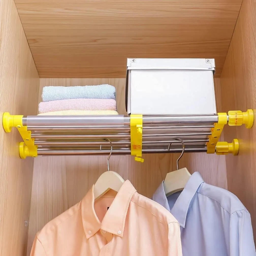 Hershii Closet Tension Shelf & Rod Expandable Metal Storage Rack Adjustable Organizer DIY Divider Separator for Cabinet Wardrobe Cupboard Kitchen Bathroom - Yellow
