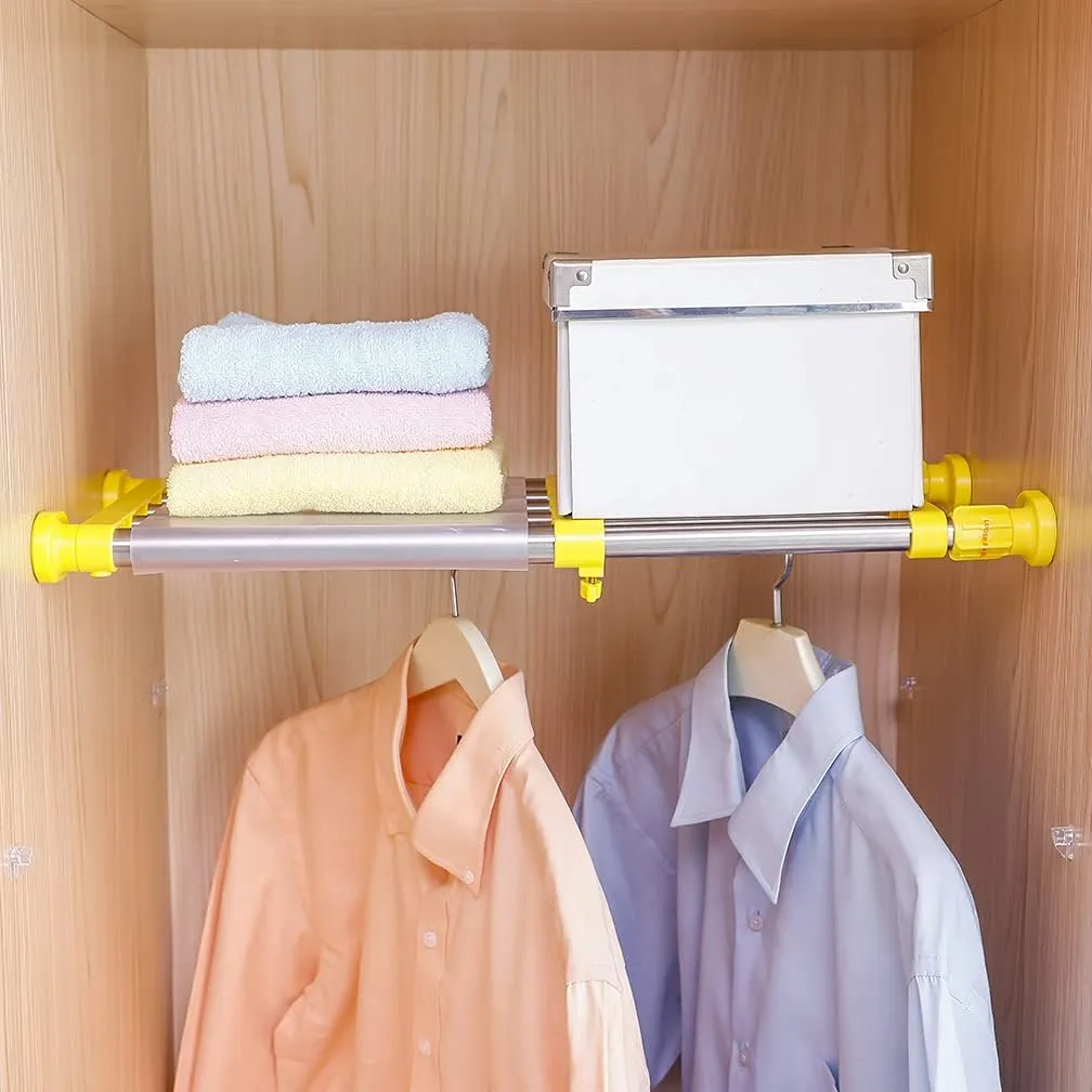 Hershii Closet Tension Shelf & Rod Expandable Metal Storage Rack Adjustable Organizer DIY Divider Separator for Cabinet Wardrobe Cupboard Kitchen Bathroom - Yellow