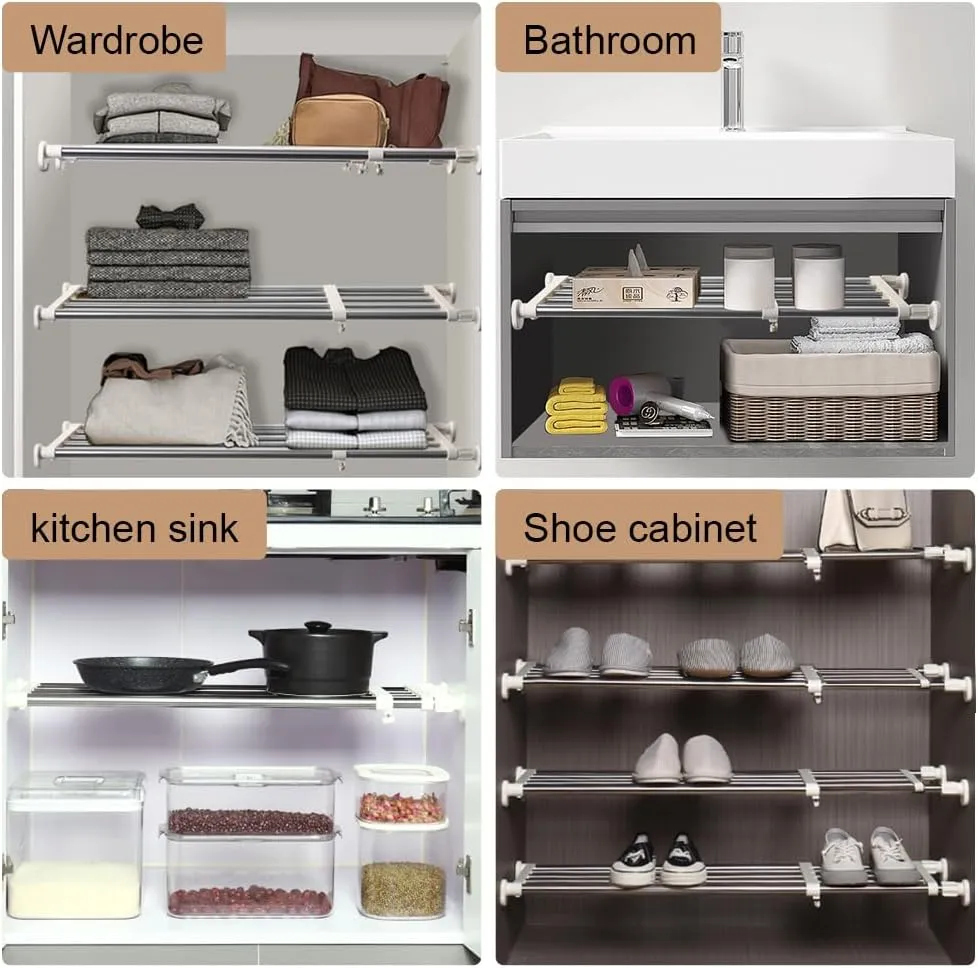 Hershii Tension Shelf Expandable Rod Closet System Heavy Duty Clothes Hanger Adjustable DIY Garage Bathroom Kitchen Storage Organizer Shoe Rack, Plant Stand, Bookshelf