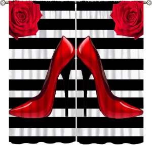 High Heels Curtains, Black and White Striped Fashion Red High Heels Romantic Rose Prints Blackout Rod Pocket Window Treatments Drapes for Ladies Bedroom Living Room55x63in