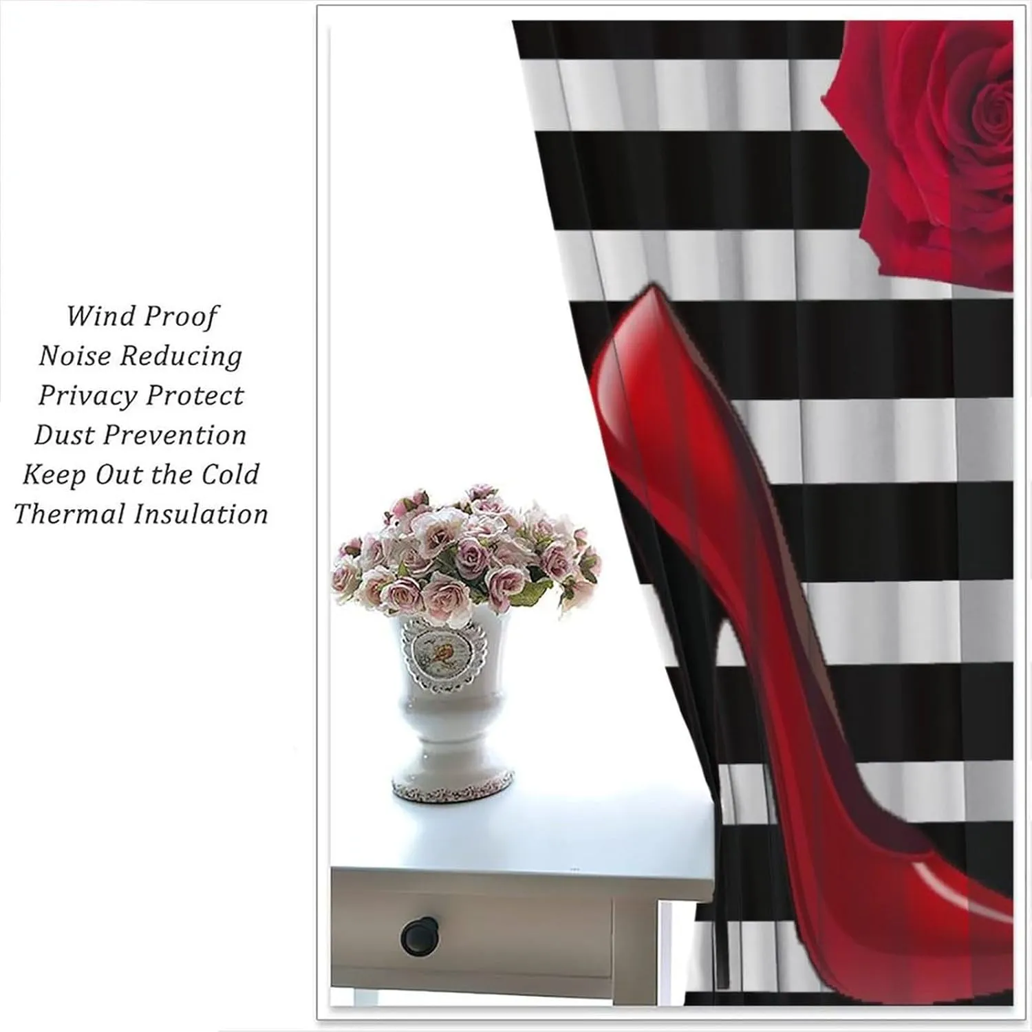 High Heels Curtains, Black and White Striped Fashion Red High Heels Romantic Rose Prints Blackout Rod Pocket Window Treatments Drapes for Ladies Bedroom Living Room55x63in