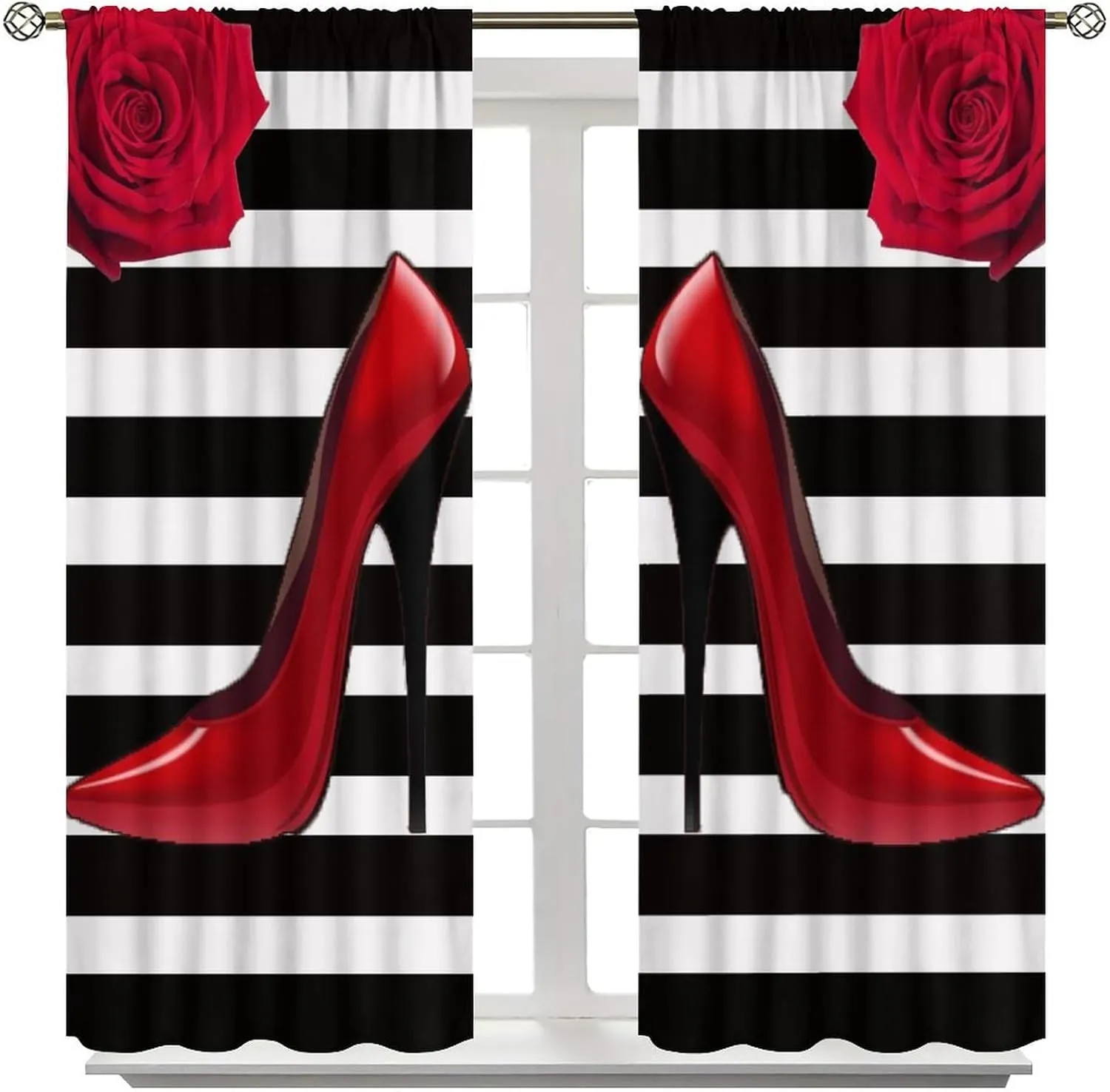 High Heels Curtains, Black and White Striped Fashion Red High Heels Romantic Rose Prints Blackout Rod Pocket Window Treatments Drapes for Ladies Bedroom Living Room55x63in
