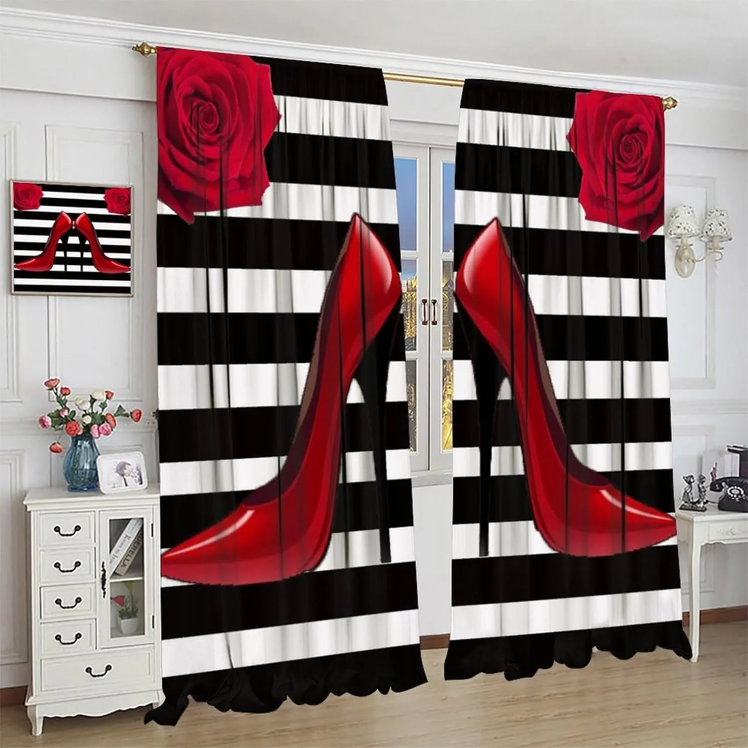 High Heels Curtains, Black and White Striped Fashion Red High Heels Romantic Rose Prints Blackout Rod Pocket Window Treatments Drapes for Ladies Bedroom Living Room55x63in