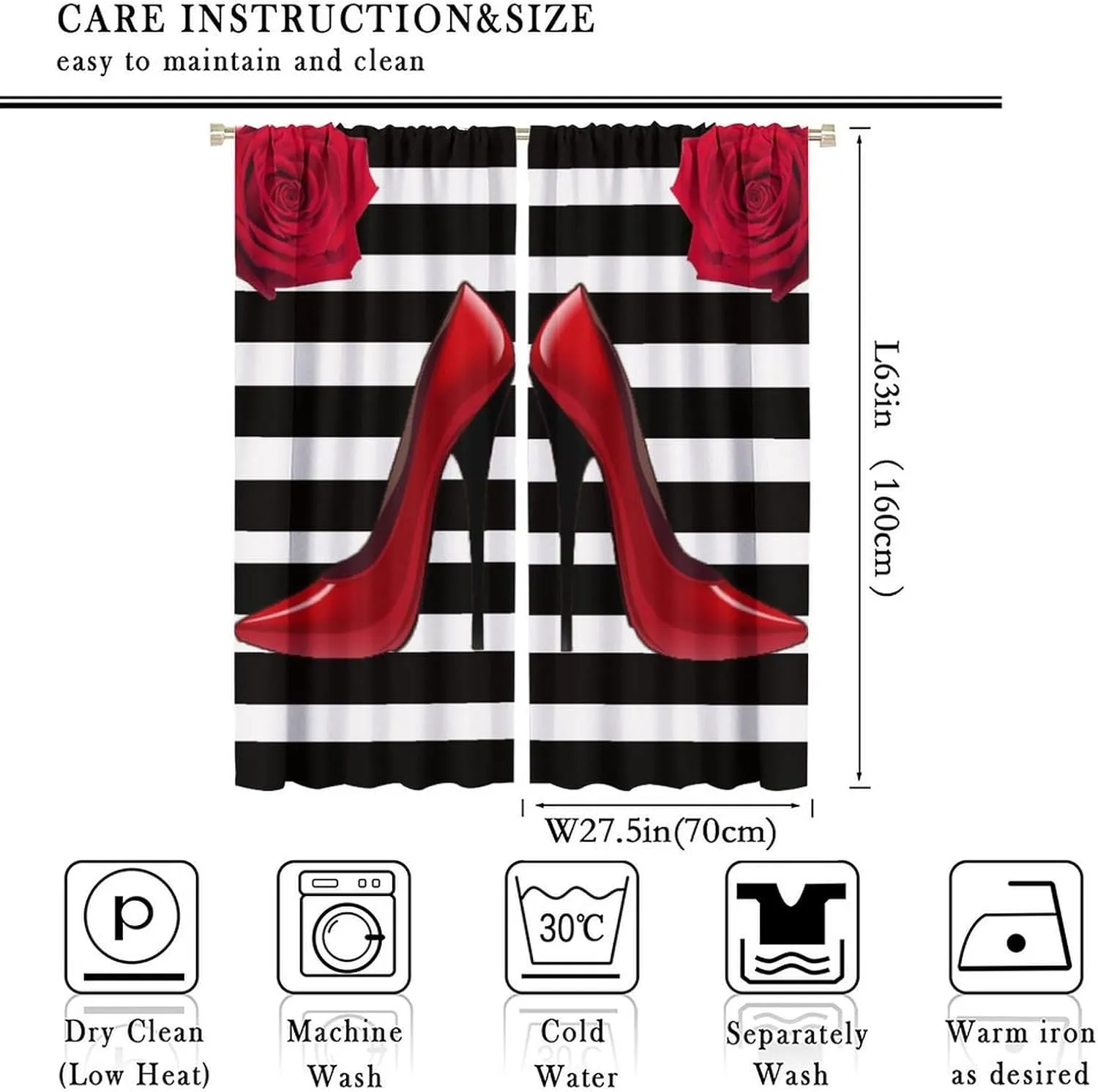 High Heels Curtains, Black and White Striped Fashion Red High Heels Romantic Rose Prints Blackout Rod Pocket Window Treatments Drapes for Ladies Bedroom Living Room55x63in