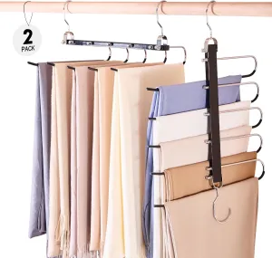 HOUSE DAY Pants Hangers Space Saving, Wood Jean Hangers for Closet, Non Slip Multi Functional Pants Rack Hanger Multiuse Pant Organizer for Closet Space Saving Hangers for Pants, Jeans (2PACK, Black)