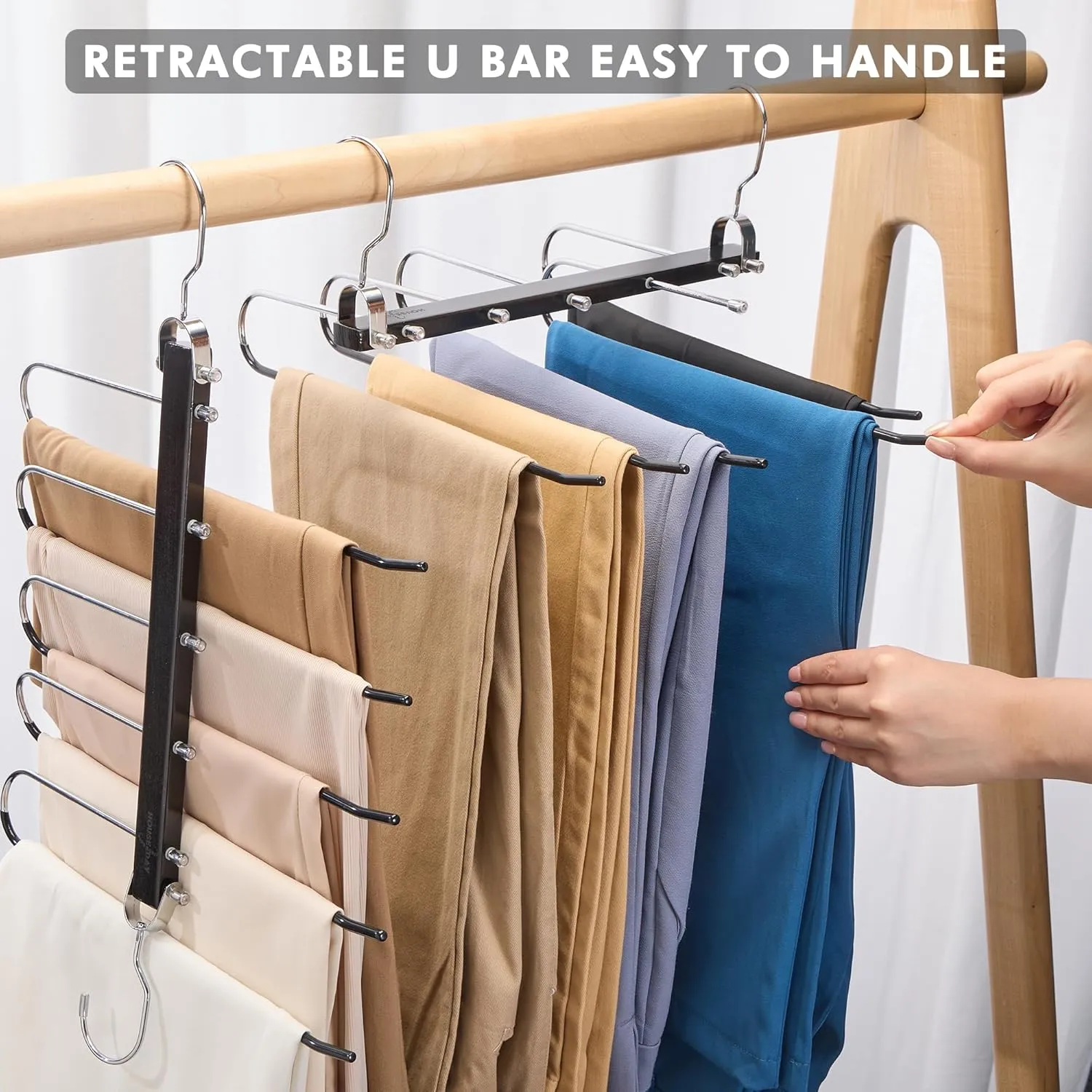 HOUSE DAY Pants Hangers Space Saving, Wood Jean Hangers for Closet, Non Slip Multi Functional Pants Rack Hanger Multiuse Pant Organizer for Closet Space Saving Hangers for Pants, Jeans (2PACK, Black)