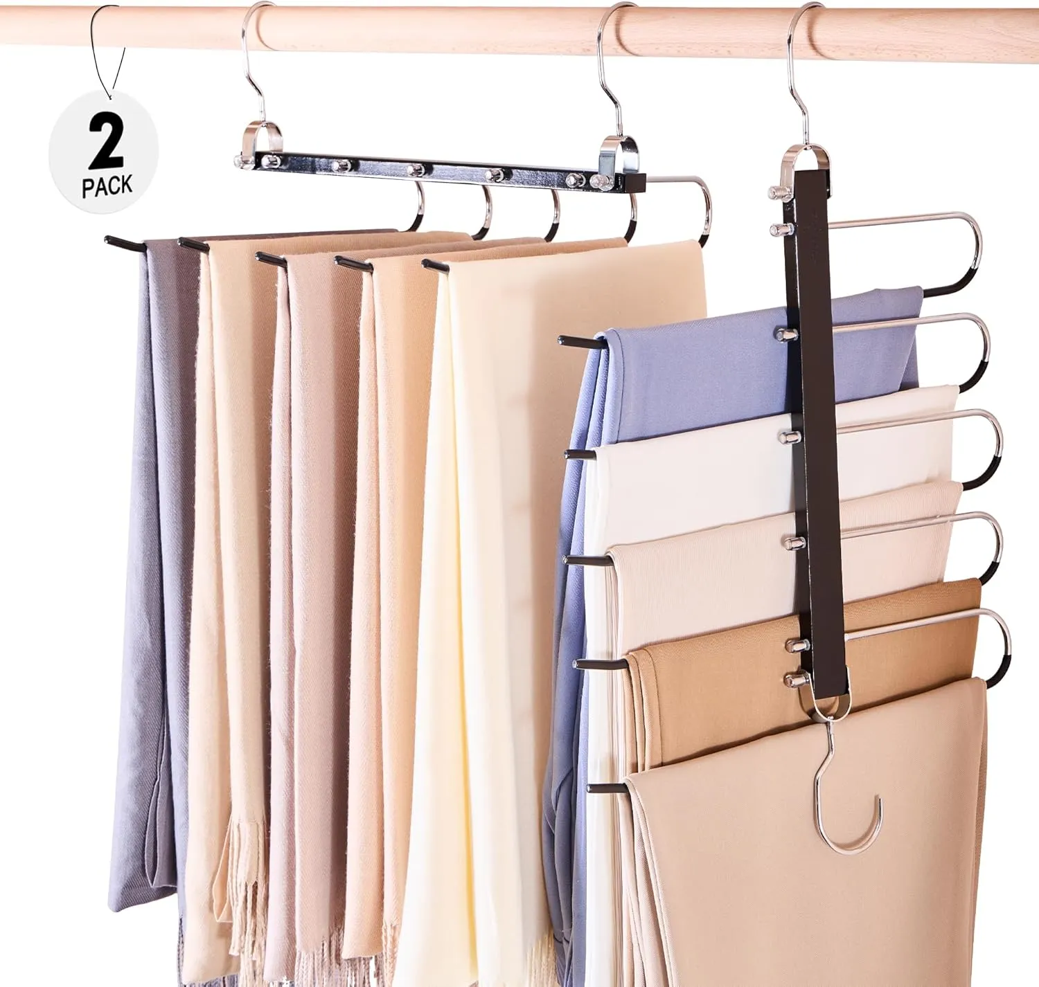 HOUSE DAY Pants Hangers Space Saving, Wood Jean Hangers for Closet, Non Slip Multi Functional Pants Rack Hanger Multiuse Pant Organizer for Closet Space Saving Hangers for Pants, Jeans (2PACK, Black)