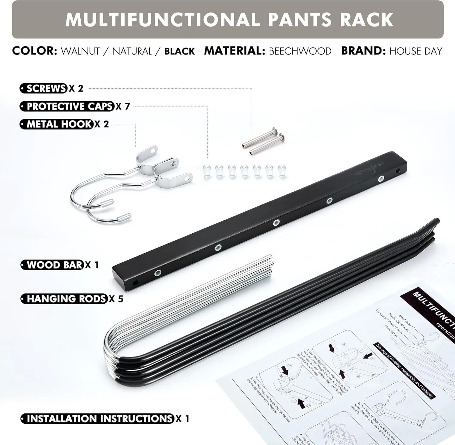 HOUSE DAY Pants Hangers Space Saving, Wood Jean Hangers for Closet, Non Slip Multi Functional Pants Rack Hanger Multiuse Pant Organizer for Closet Space Saving Hangers for Pants, Jeans (2PACK, Black)