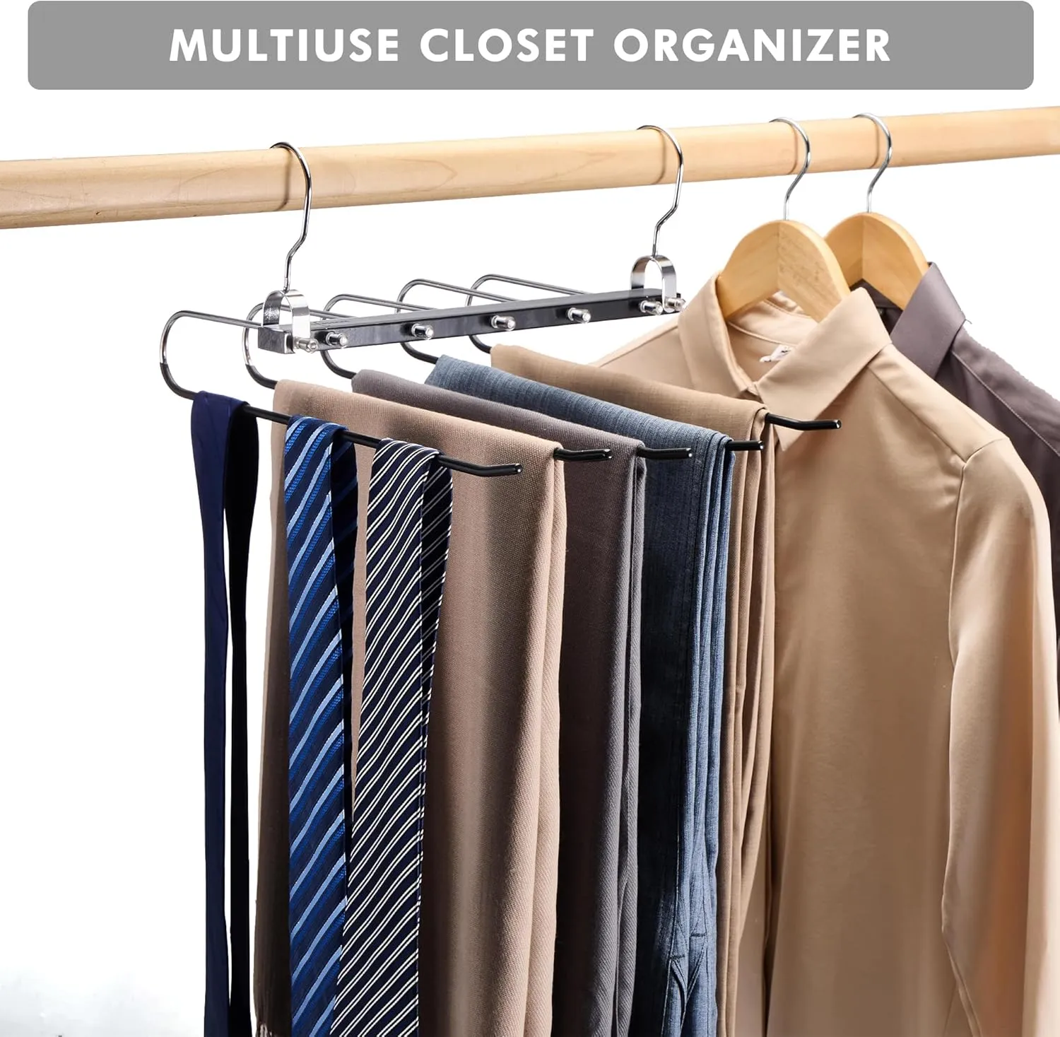 HOUSE DAY Pants Hangers Space Saving, Wood Jean Hangers for Closet, Non Slip Multi Functional Pants Rack Hanger Multiuse Pant Organizer for Closet Space Saving Hangers for Pants, Jeans (2PACK, Black)