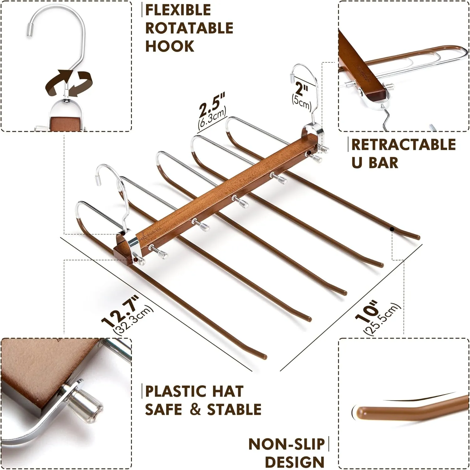 HOUSE DAY Pants Hangers Space Saving, Wood Jean Hangers for Closet, Non Slip Multi functional Pants Rack Hanger Multiuse Pant Organizer For Closet Space Saving Hangers for Pants, Scarfs (2PACK,Walnut)