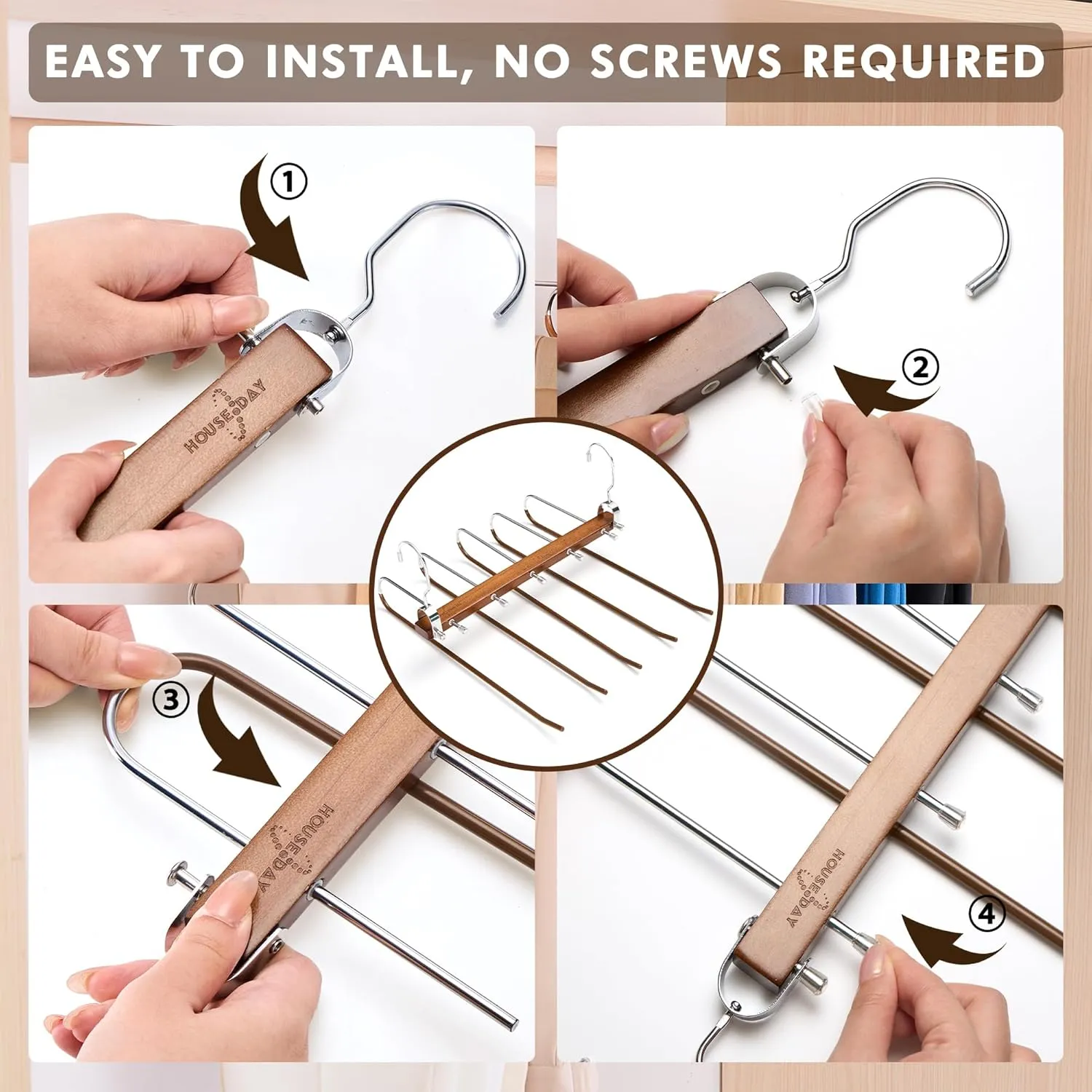 HOUSE DAY Pants Hangers Space Saving, Wood Jean Hangers for Closet, Non Slip Multi functional Pants Rack Hanger Multiuse Pant Organizer For Closet Space Saving Hangers for Pants, Scarfs (2PACK,Walnut)