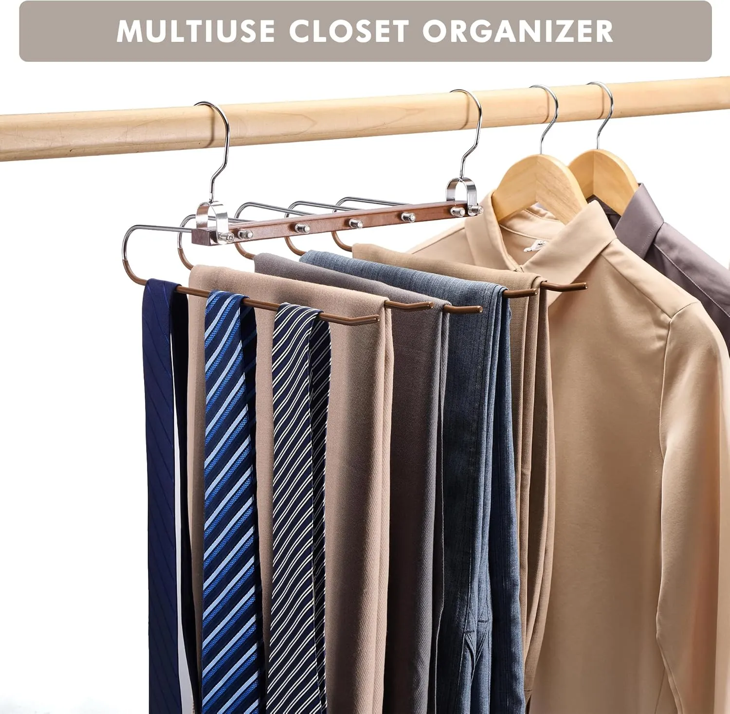HOUSE DAY Pants Hangers Space Saving, Wood Jean Hangers for Closet, Non Slip Multi functional Pants Rack Hanger Multiuse Pant Organizer For Closet Space Saving Hangers for Pants, Scarfs (2PACK,Walnut)