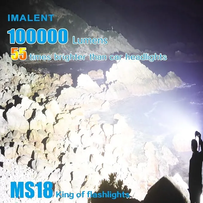 IMALENT MS18 Powerful Bright Flashlight 100,000 Lumens, Flashlights High Lumens Rechargeable with 18pcs Cree XHP70.2 LEDs and OLED Display, LED Flashlight for Emergencies, Camping