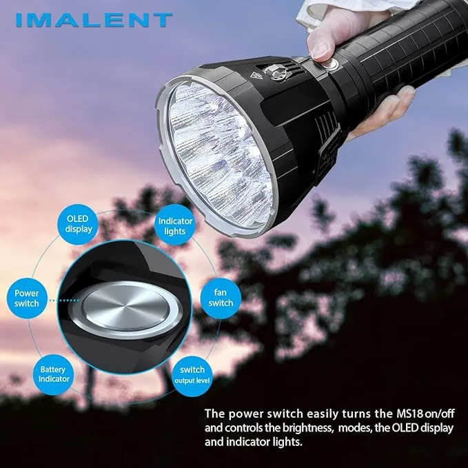 IMALENT MS18 Powerful Bright Flashlight 100,000 Lumens, Flashlights High Lumens Rechargeable with 18pcs Cree XHP70.2 LEDs and OLED Display, LED Flashlight for Emergencies, Camping