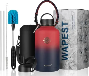 Insulated Water Bottle 64 oz with Paracord Handle & Bottle Brush, 64 oz Double Wall Vacuum Stainless Steel Water Flask Jug Metal Canteen with 2 Lids and Carrying Pouch, Leakproof, Red&Navy