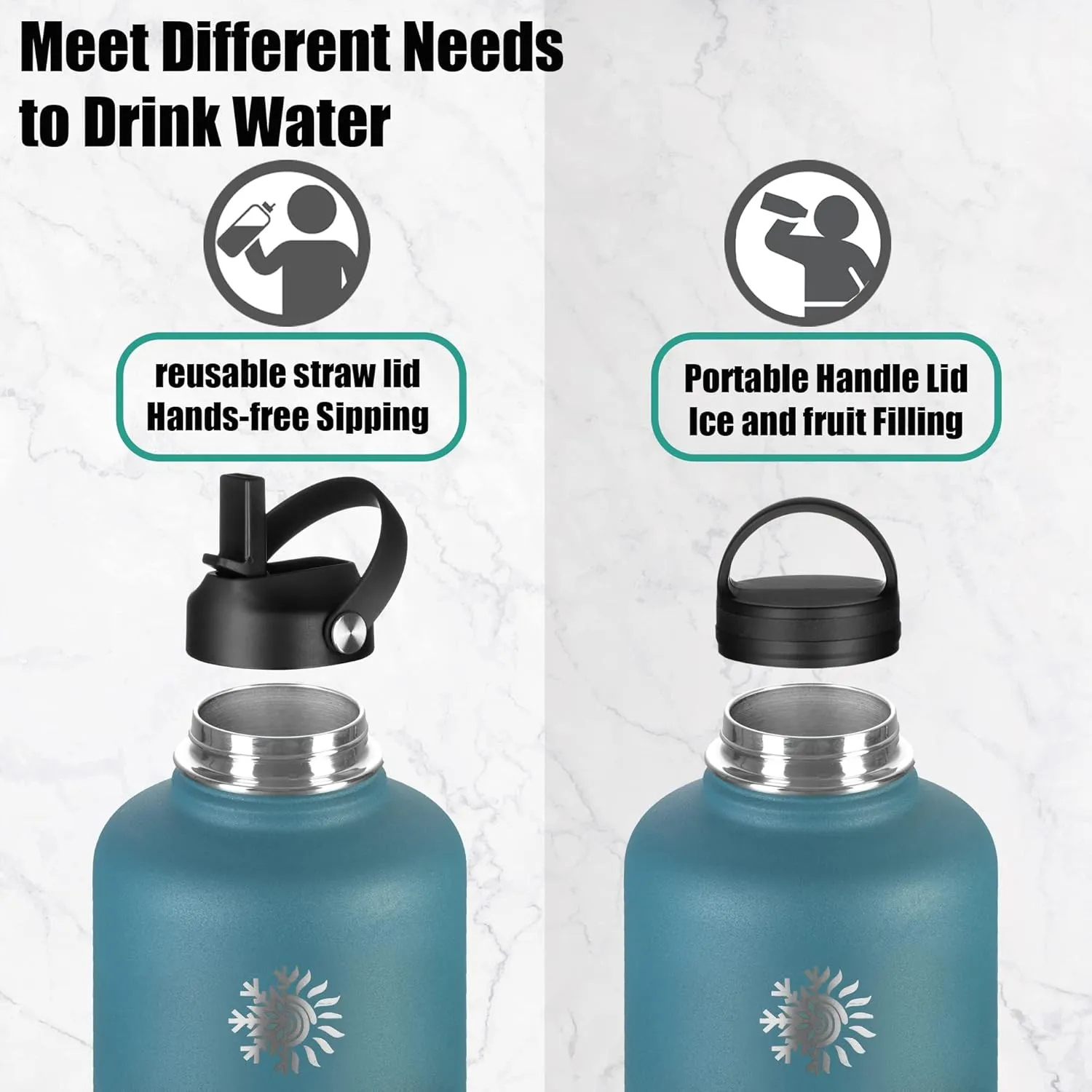 Insulated Water Bottle 64 oz with Paracord Handle & Bottle Brush, 64 oz Double Wall Vacuum Stainless Steel Water Flask Jug Metal Canteen with 2 Lids and Carrying Pouch, Leakproof, Red&Navy