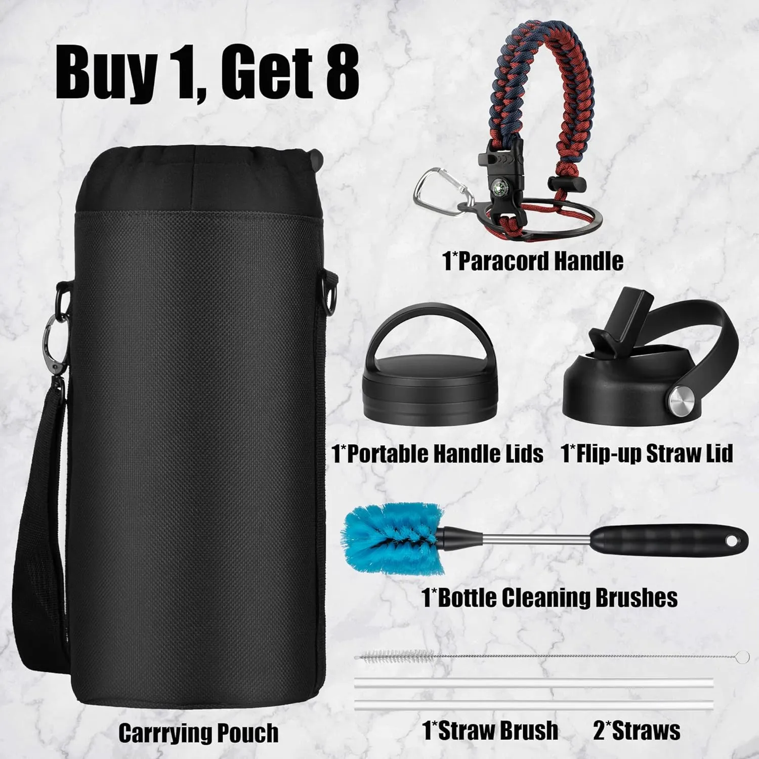 Insulated Water Bottle 64 oz with Paracord Handle & Bottle Brush, 64 oz Double Wall Vacuum Stainless Steel Water Flask Jug Metal Canteen with 2 Lids and Carrying Pouch, Leakproof, Red&Navy