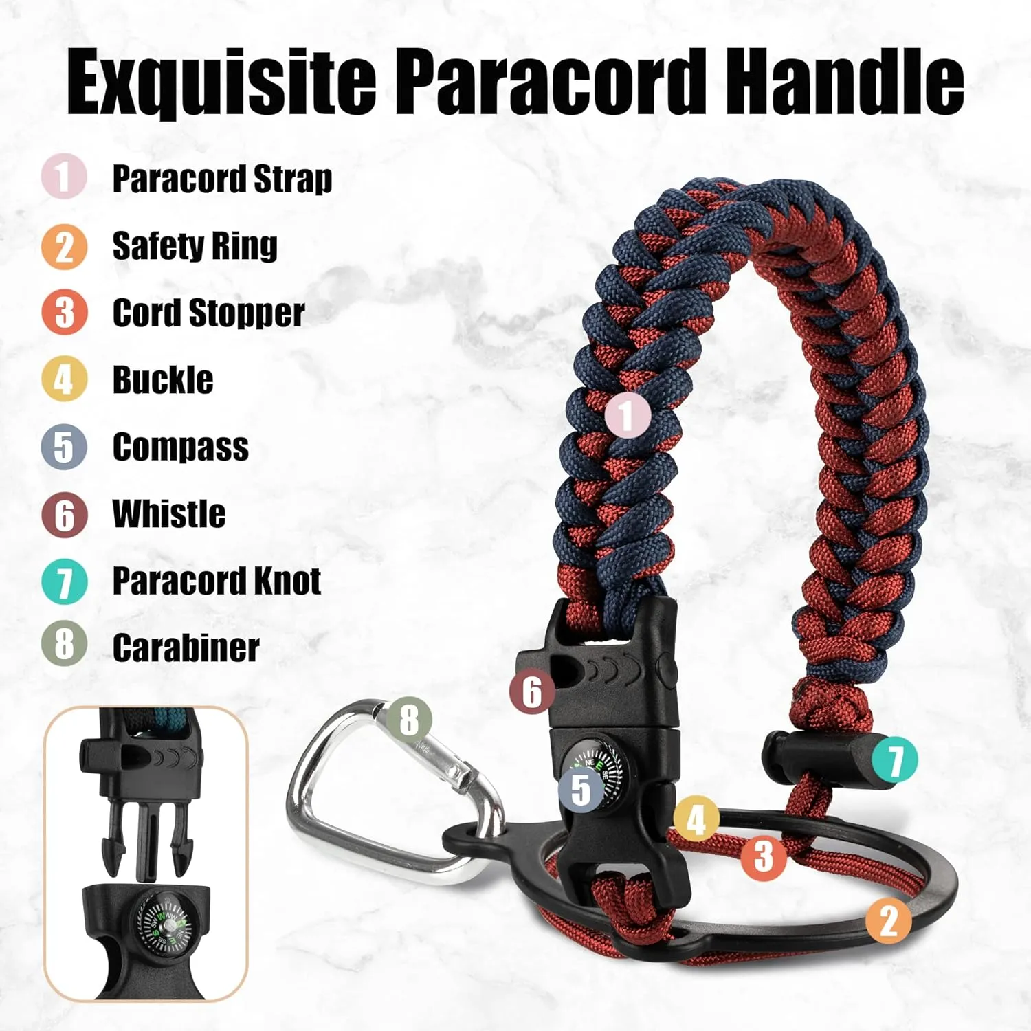 Insulated Water Bottle 64 oz with Paracord Handle & Bottle Brush, 64 oz Double Wall Vacuum Stainless Steel Water Flask Jug Metal Canteen with 2 Lids and Carrying Pouch, Leakproof, Red&Navy