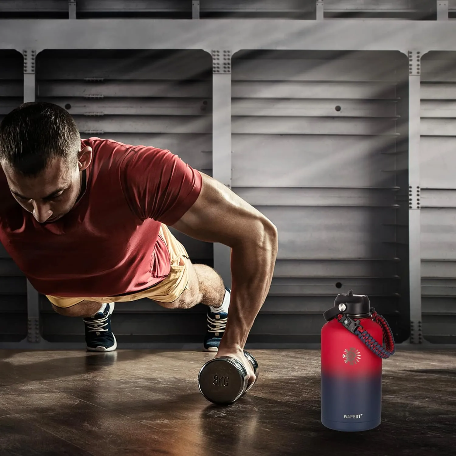 Insulated Water Bottle 64 oz with Paracord Handle & Bottle Brush, 64 oz Double Wall Vacuum Stainless Steel Water Flask Jug Metal Canteen with 2 Lids and Carrying Pouch, Leakproof, Red&Navy