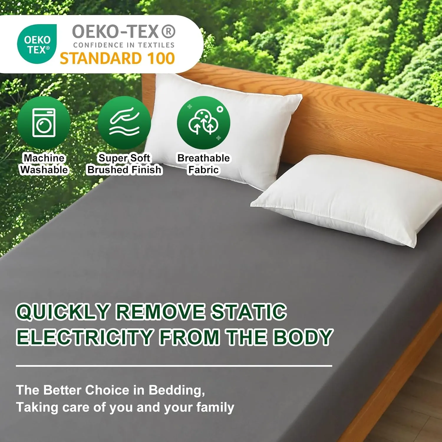 Ivellow Grounding Sheets King 10% Pure Silver Fiber 90% Organic Cotton Sheets King Size 16” Deep Pocket Soft Breathable Grounded Sheet Earth Connected Bedding Fitted Bed Sheet with Grounding Cord Grey